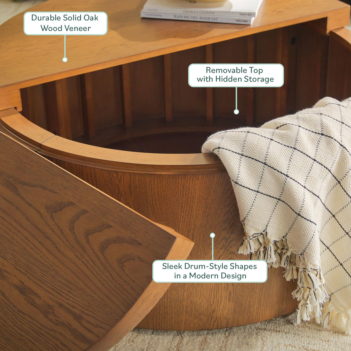 Solid Oak Wood Veneer Coffee Table with Storage, 36 Inch, Medium Brown Oak R399267