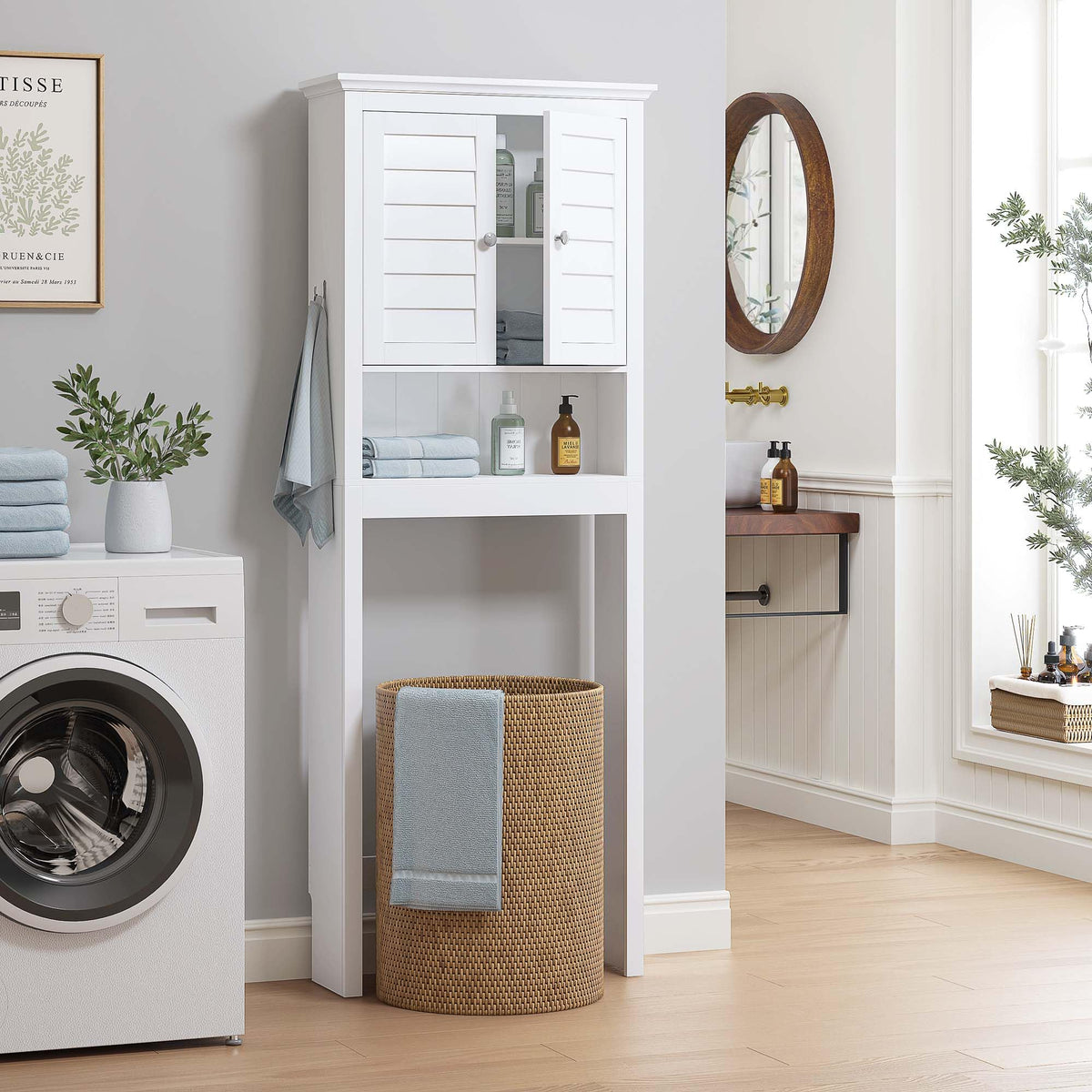 White Over The Toilet Storage Cabinet with Louvered Doors & Hooks K866323