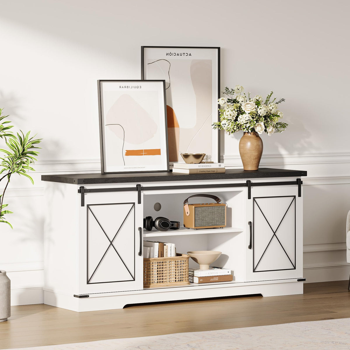 White Rustic Farmhouse TV Stand with Sliding Barn Doors P5247