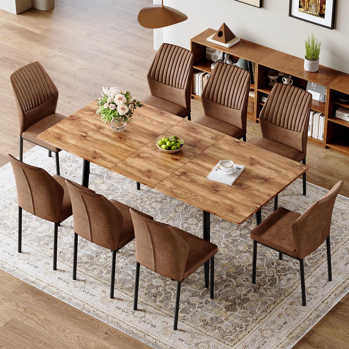 Extendable Dining Table Set for 8 Wood Upholstered Chairs T296853