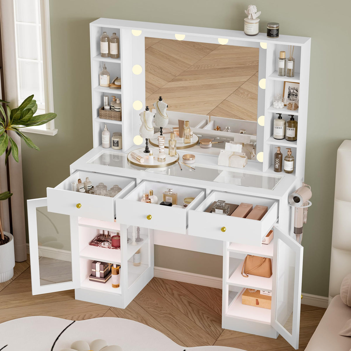 White Makeup Vanity Desk with Mirror and Lights U422