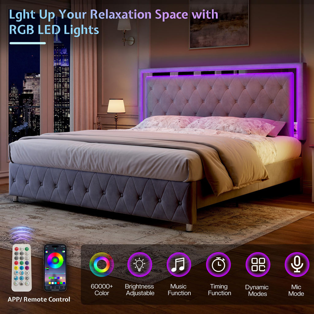 Full Velvet Upholstered Bed Frame with LED Lights Headboard T994