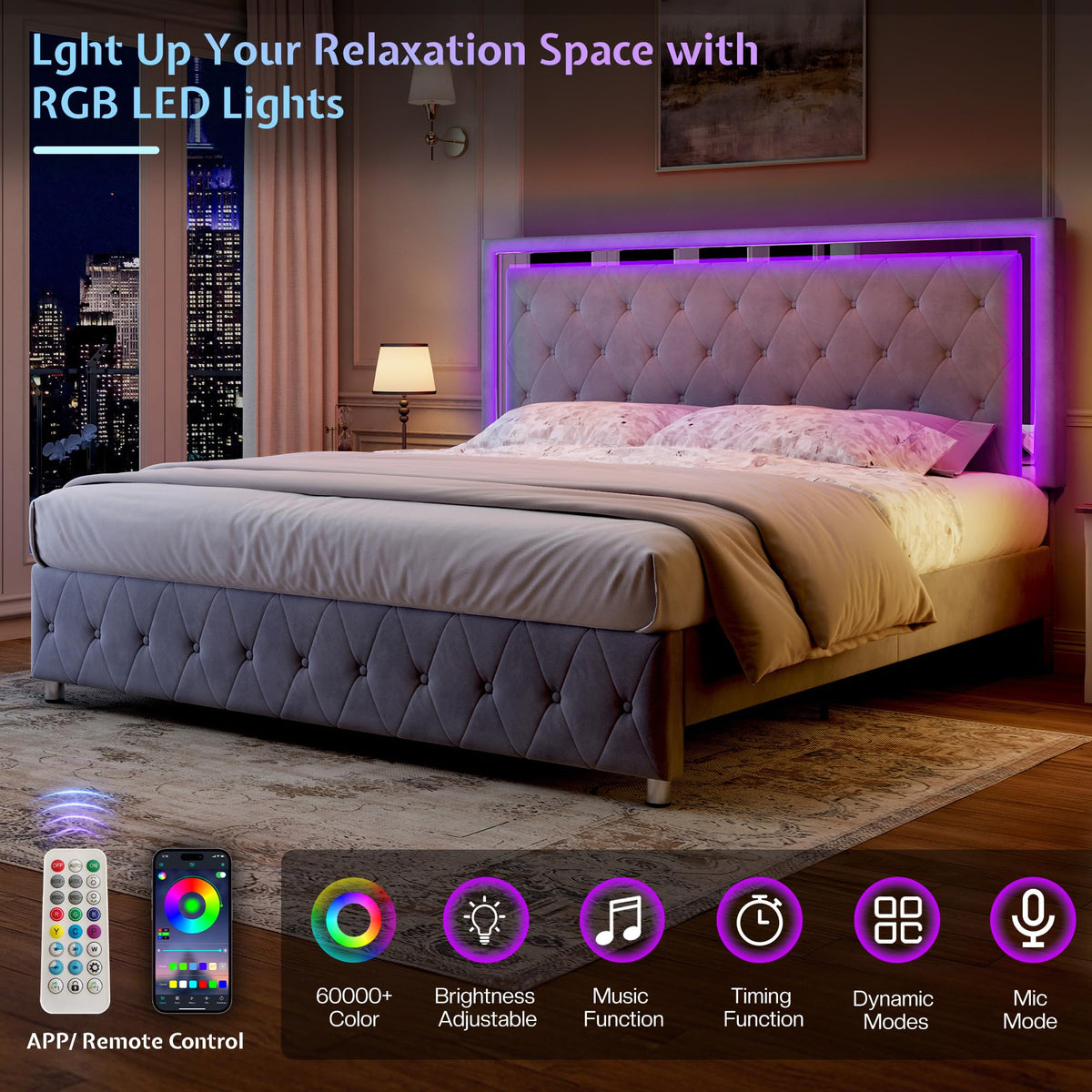 Full Velvet Upholstered Bed Frame with LED Lights Headboard T994