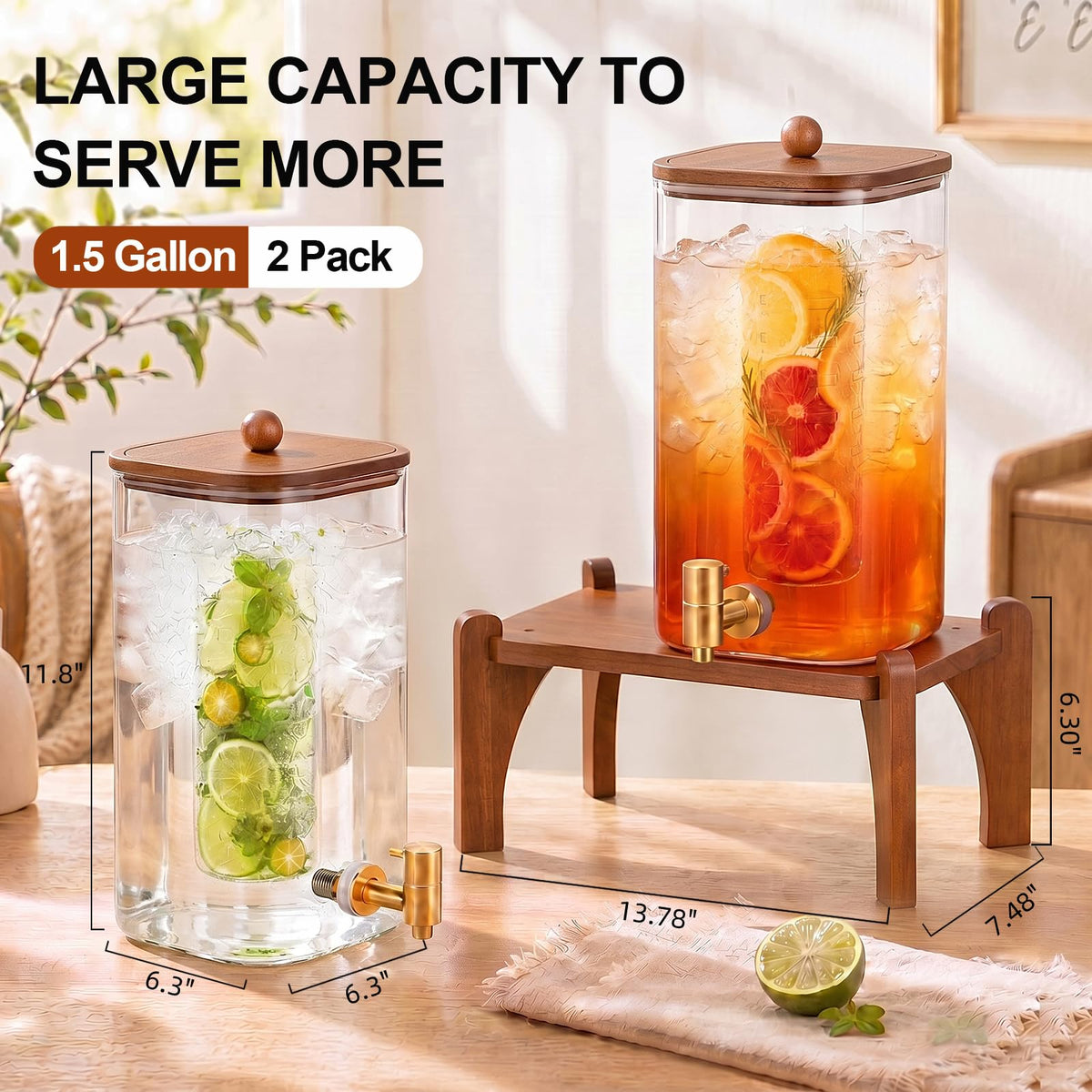 2 Pcs 1.5 Gallon Square Glass Drink Dispenser with Wooden Stand and Stainless Steel Spigot T9867