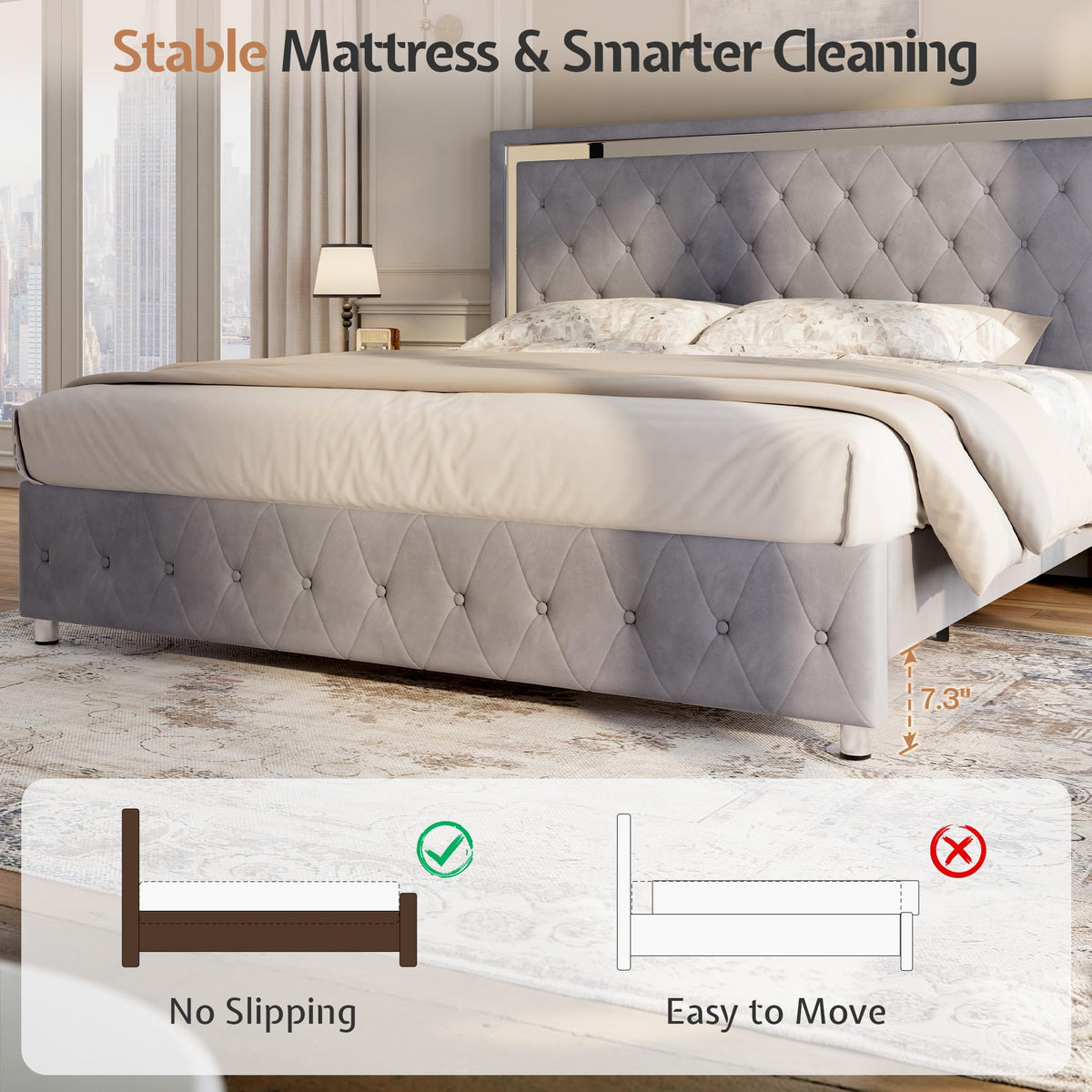 Full Velvet Upholstered Bed Frame with LED Lights Headboard T994