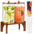 2 Pcs 1.5 Gallon Square Glass Drink Dispenser with Wooden Stand and Stainless Steel Spigot T9867
