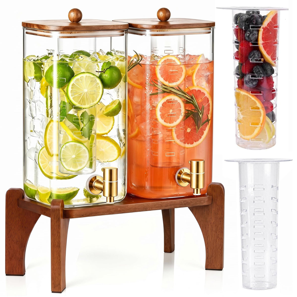2 Pcs 1.5 Gallon Square Glass Drink Dispenser with Wooden Stand and Stainless Steel Spigot T9867