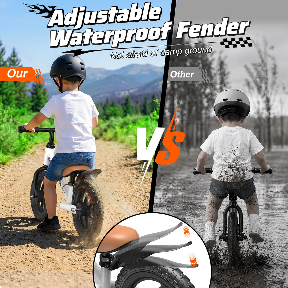 Adjustable Toddler Balance Bike with Fender and LED Tires A386176