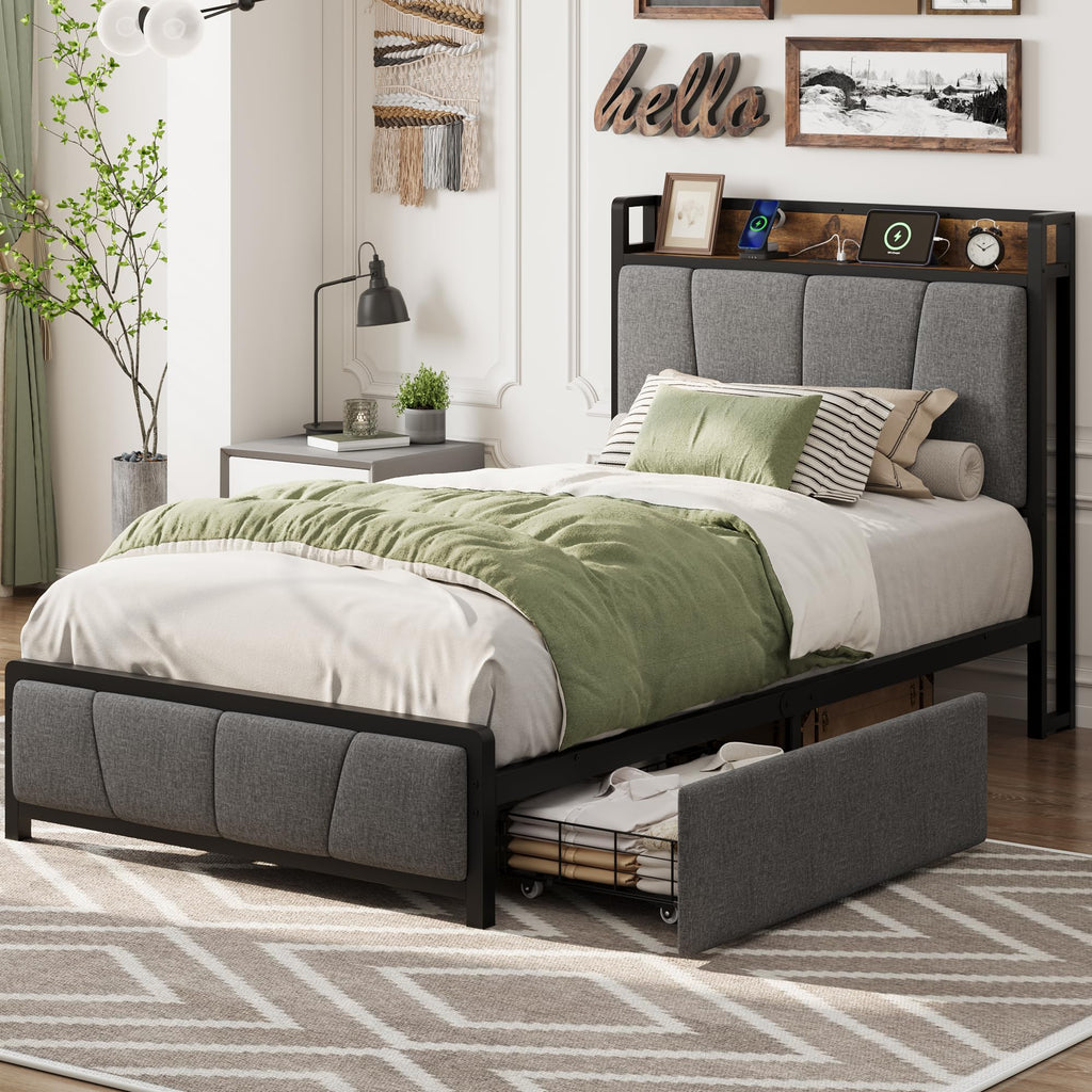 Grey Twin Size Linen Upholstered Platform Bed Frame with 2 Storage Drawers P599643