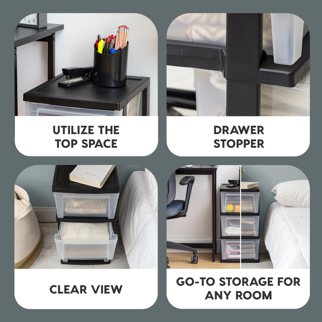 3 Drawer Slim Narrow Storage Organizer, 2-Pack, Black/Clear B9711