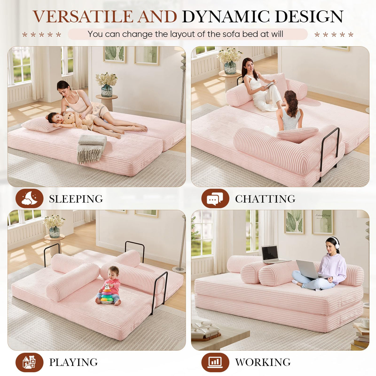 Pink Corduroy Convertible Sleeper Sofa Bed F26413