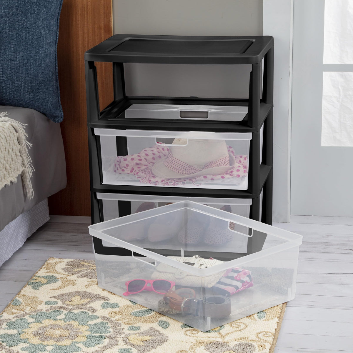 Wide Plastic 3-Drawer Storage Tower with Removable Clear Drawers K5480
