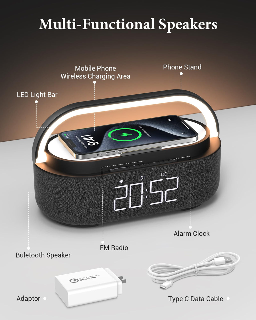 Bluetooth Speaker with Wireless Charger FM Radio LED Light W90733