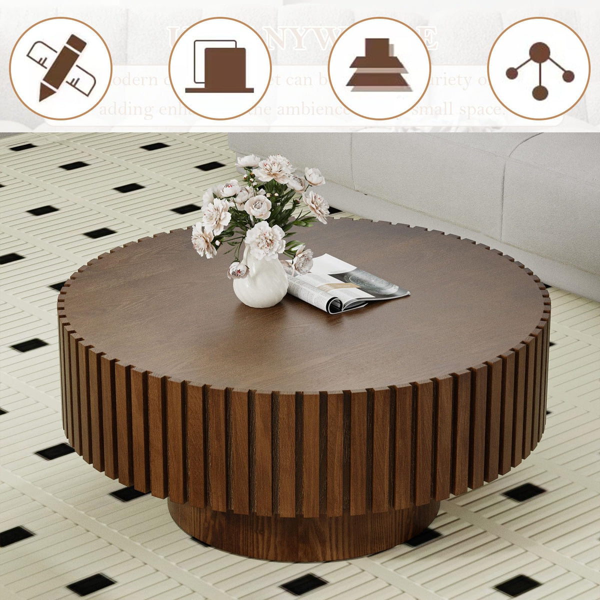 Round Fluted Drum Coffee Table with Pedestal Base B829262