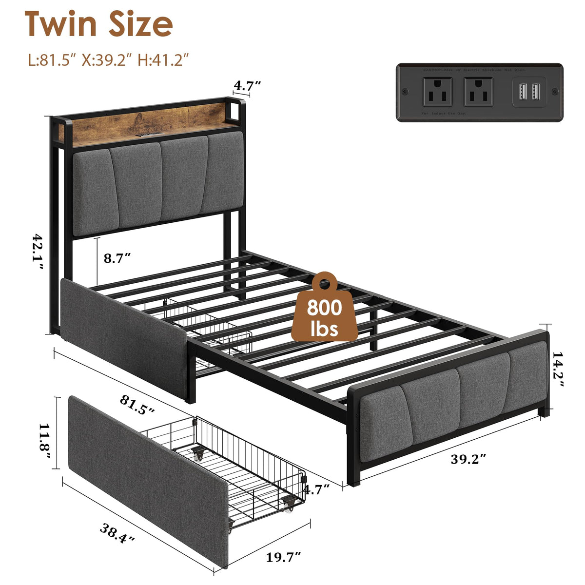 Grey Twin Size Linen Upholstered Platform Bed Frame with 2 Storage Drawers P599643