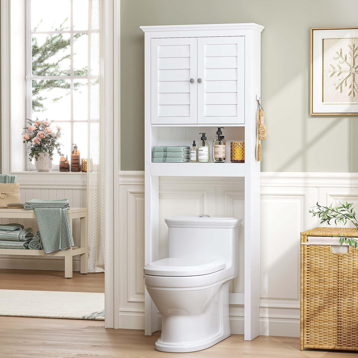 White Over The Toilet Storage Cabinet with Louvered Doors & Hooks K866323
