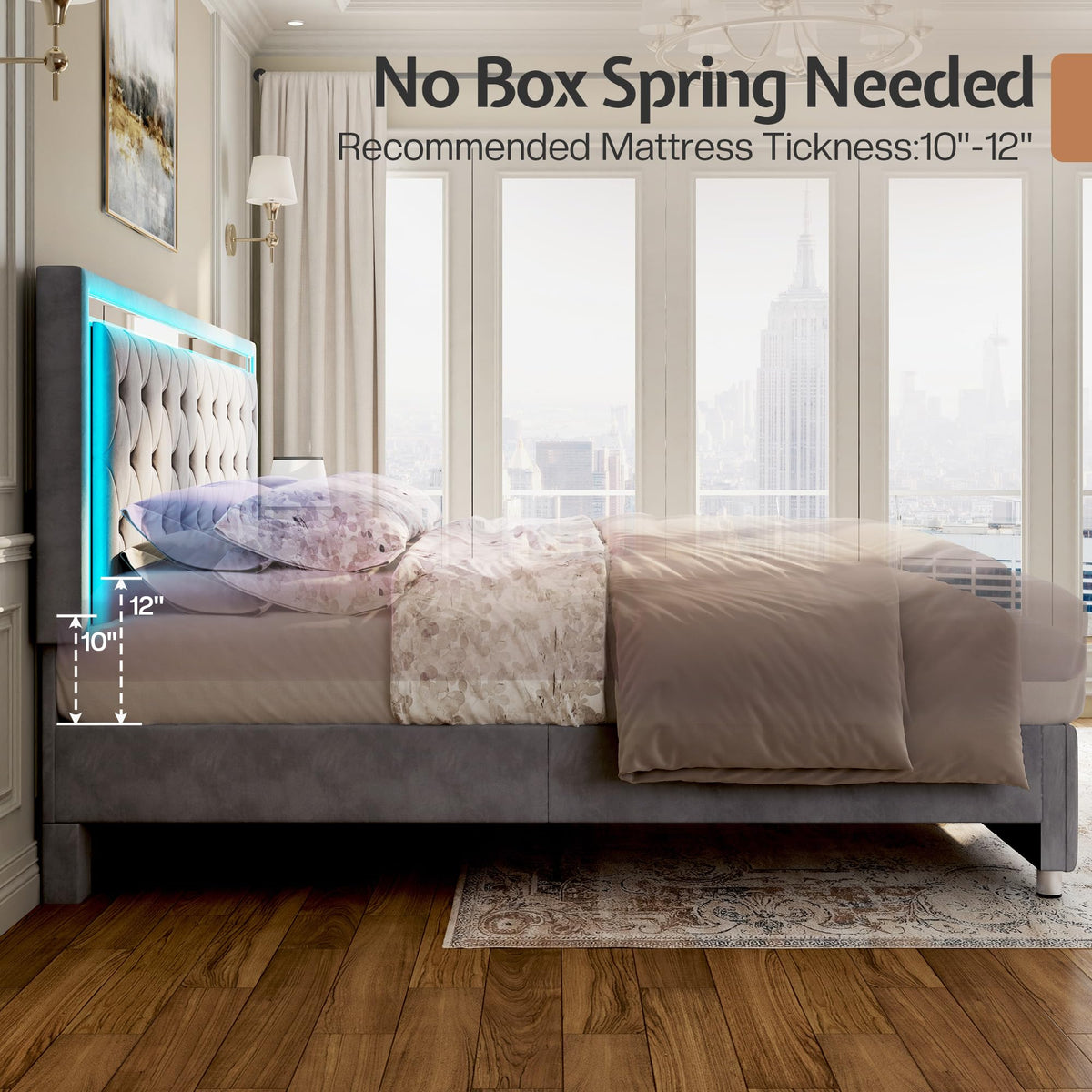 Full Velvet Upholstered Bed Frame with LED Lights Headboard T994