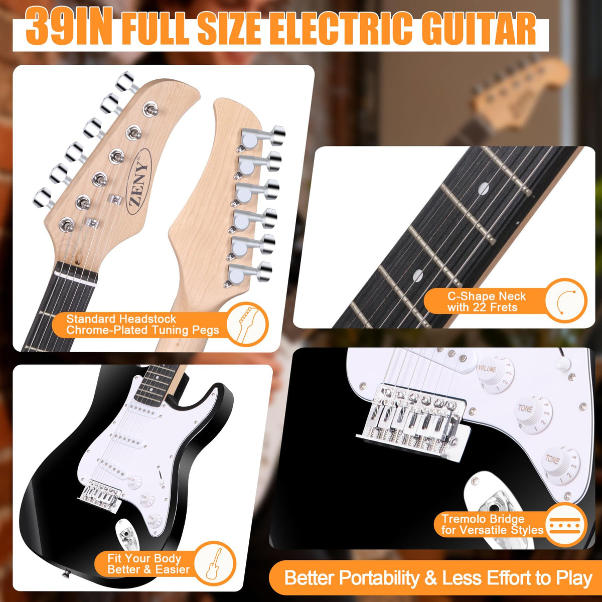 39in Full Size Electric Guitar with 10W Amp, Case and Accessories Pack, Black V77061