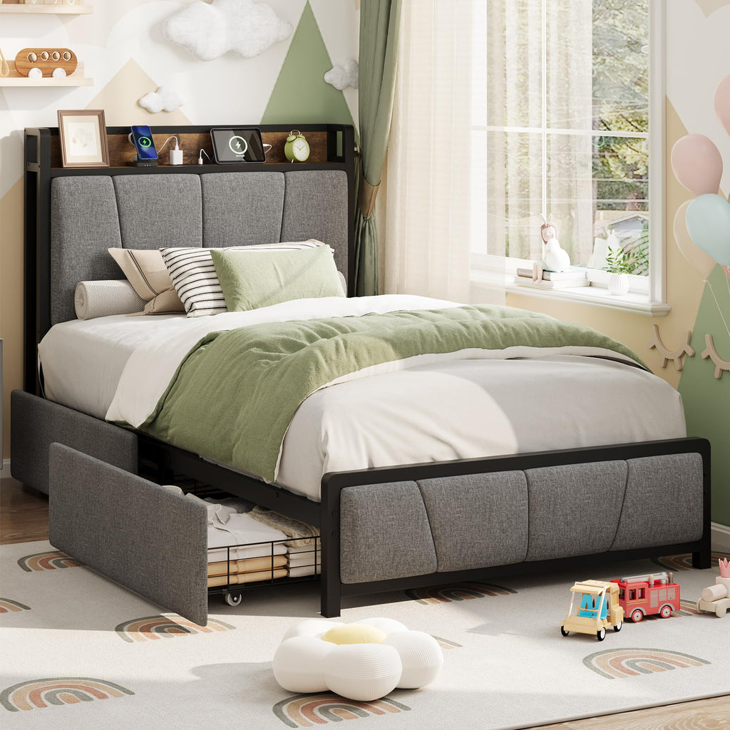 Grey Twin Size Linen Upholstered Platform Bed Frame with 2 Storage Drawers P599643