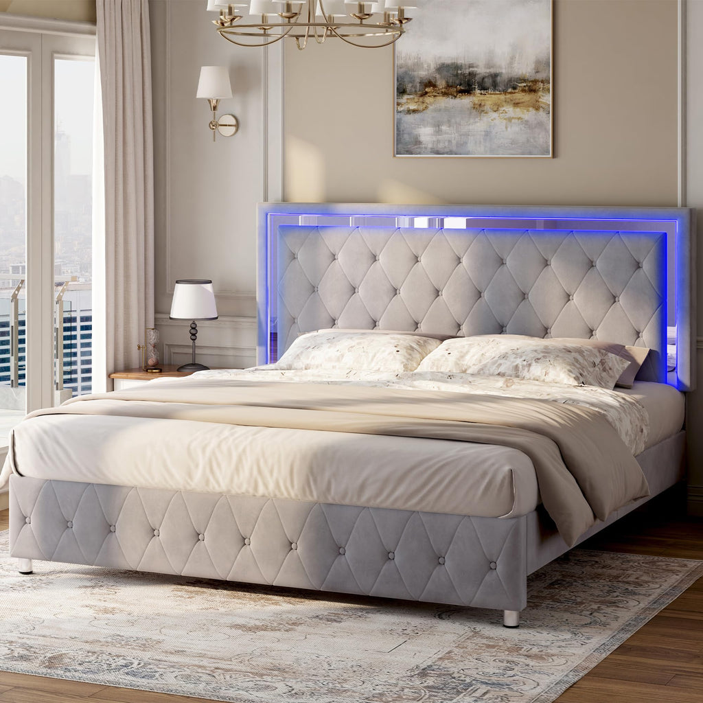 Full Velvet Upholstered Bed Frame with LED Lights Headboard T994