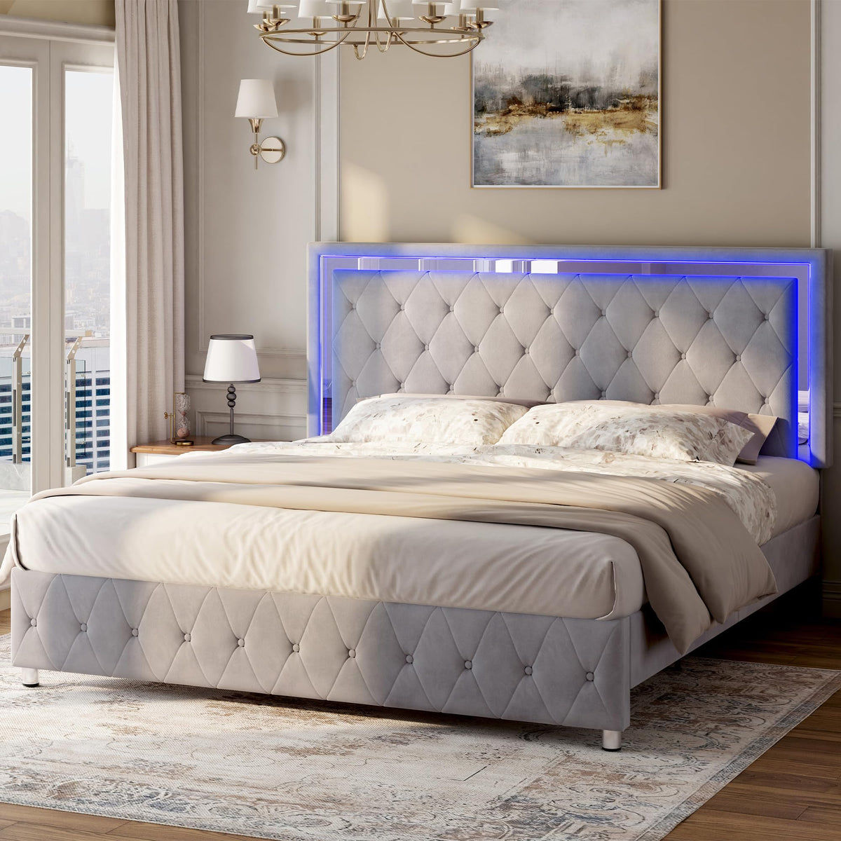 Full Velvet Upholstered Bed Frame with LED Lights Headboard T994