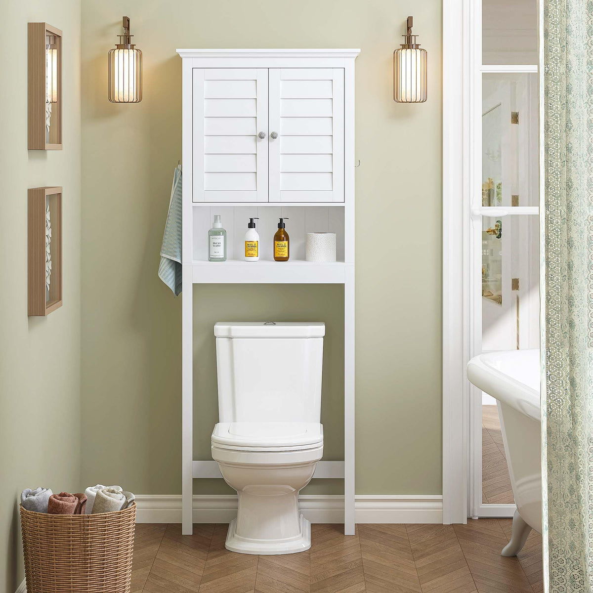 White Over The Toilet Storage Cabinet with Louvered Doors & Hooks K866323