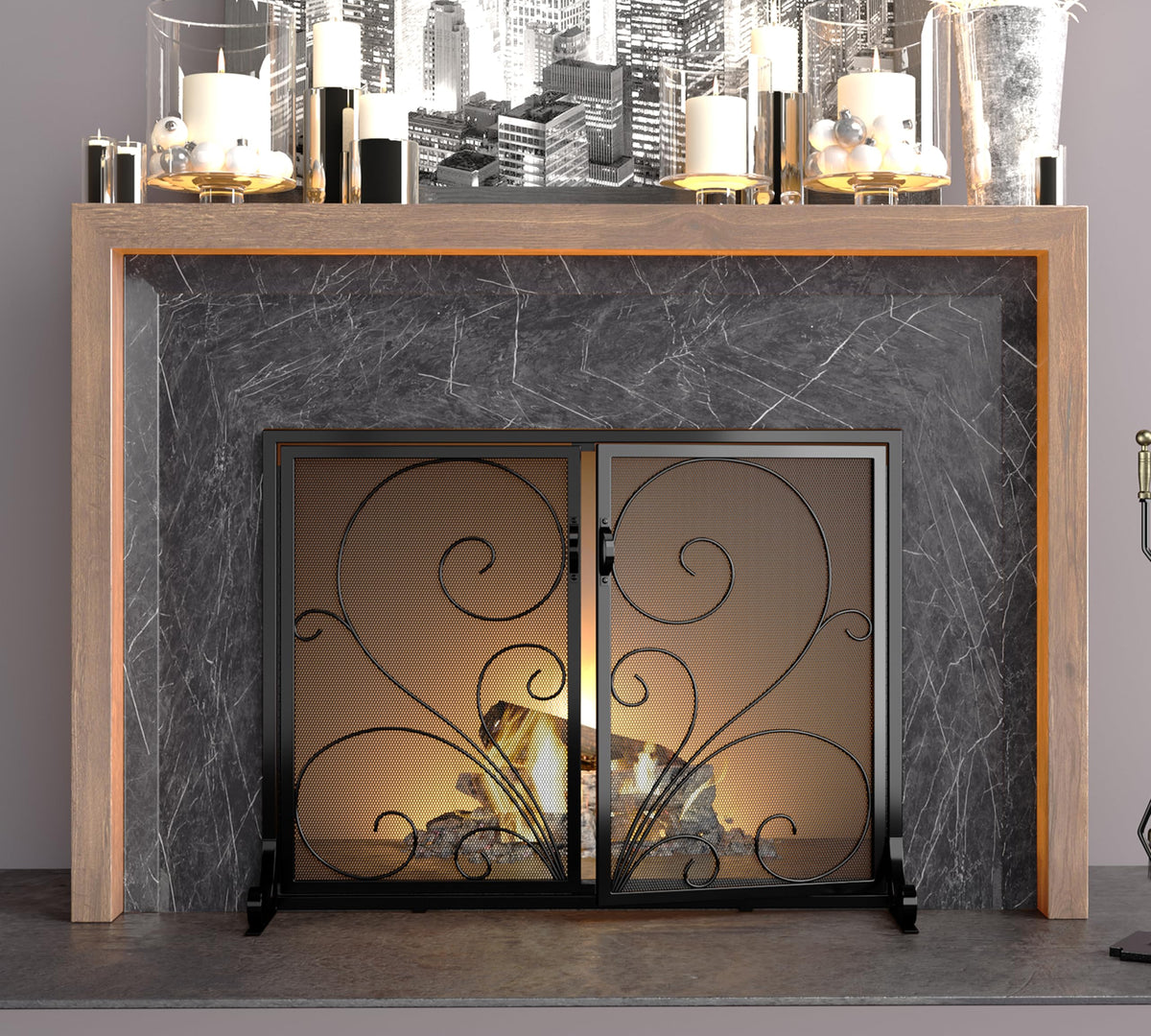 Black Metal Mesh Fireplace Screen with Double Doors I78584