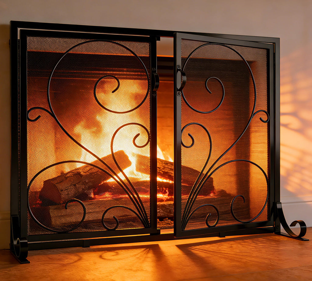 Black Metal Mesh Fireplace Screen with Double Doors I78584
