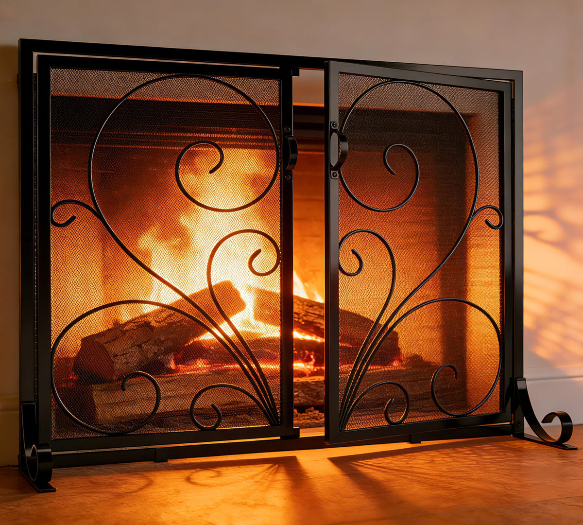 Black Metal Mesh Fireplace Screen with Double Doors I78584