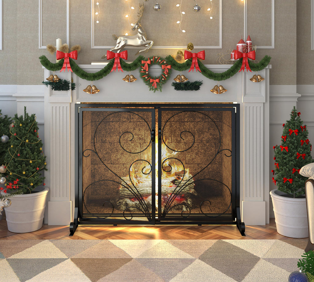 Black Metal Mesh Fireplace Screen with Double Doors I78584