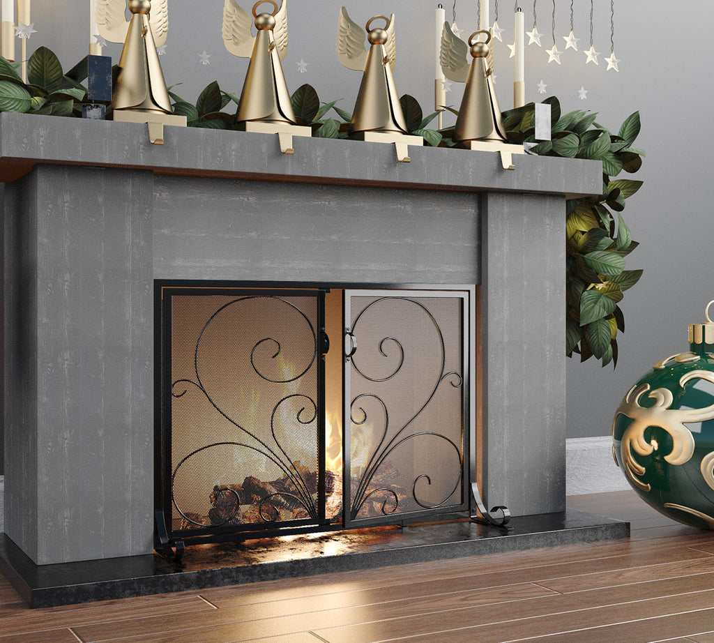 Black Metal Mesh Fireplace Screen with Double Doors I78584