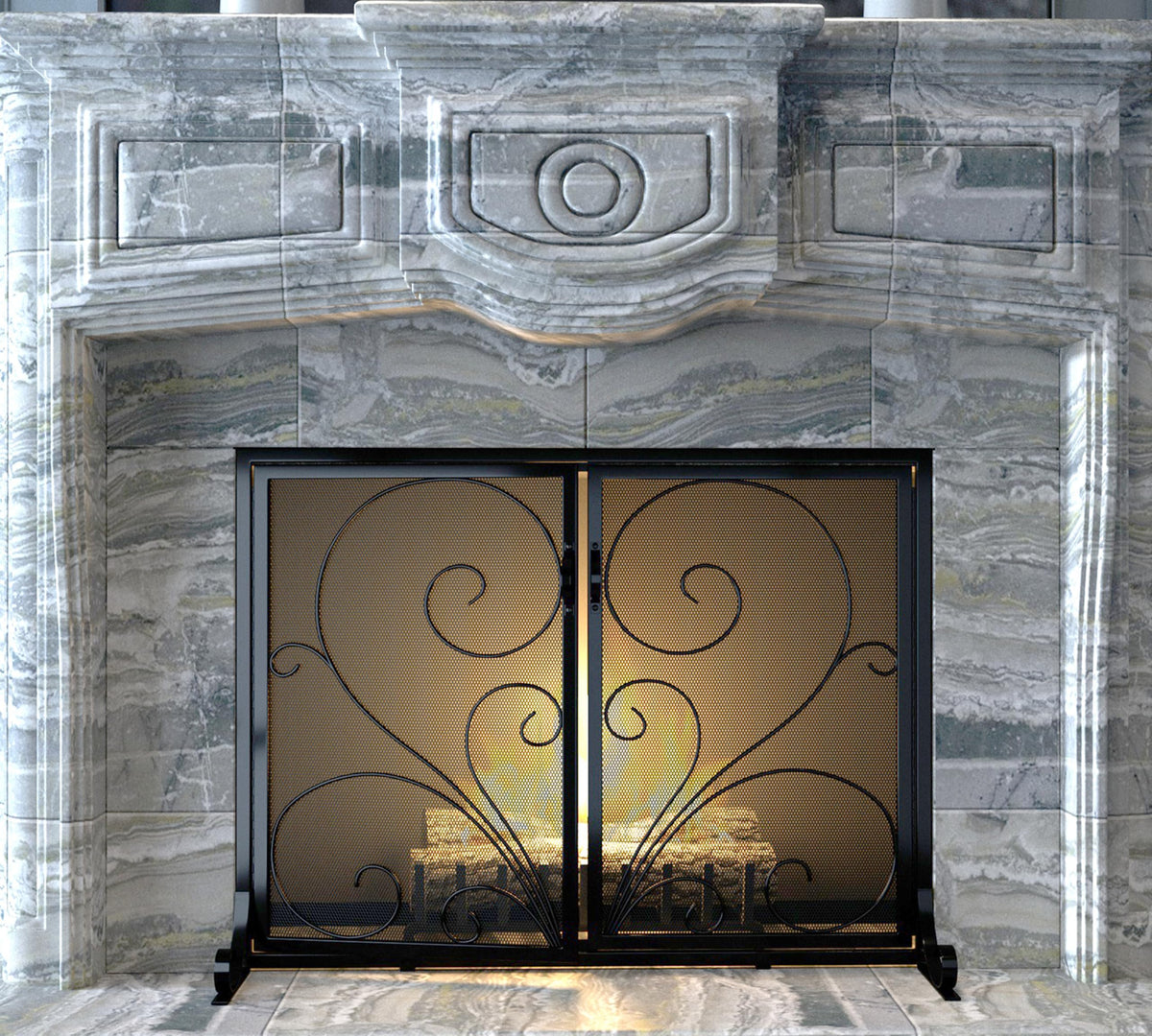 Black Metal Mesh Fireplace Screen with Double Doors I78584