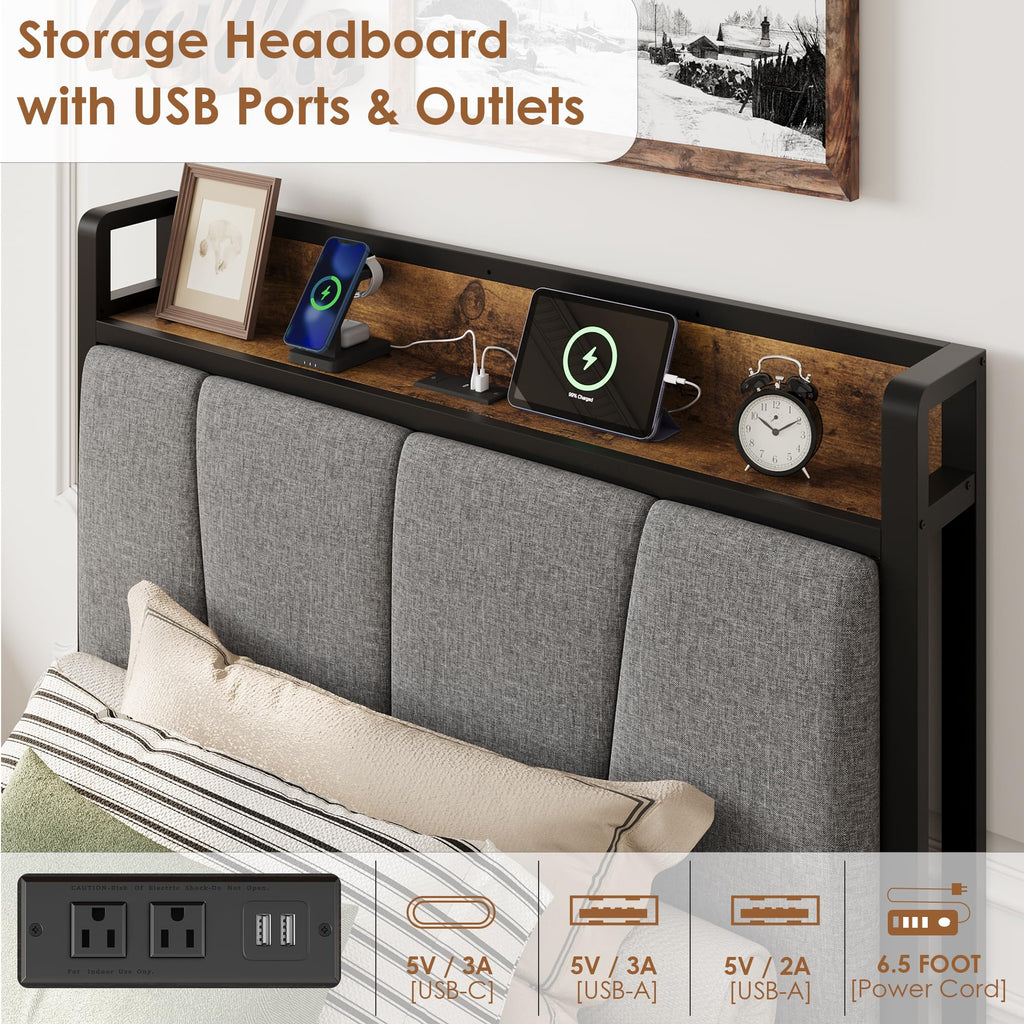 Grey Twin Size Linen Upholstered Platform Bed Frame with 2 Storage Drawers P599643