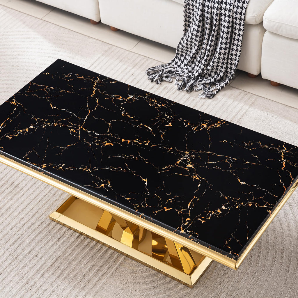 47" Faux Marble Rectangular Coffee Table with Mirrored Finish Stainless Steel Base D83830