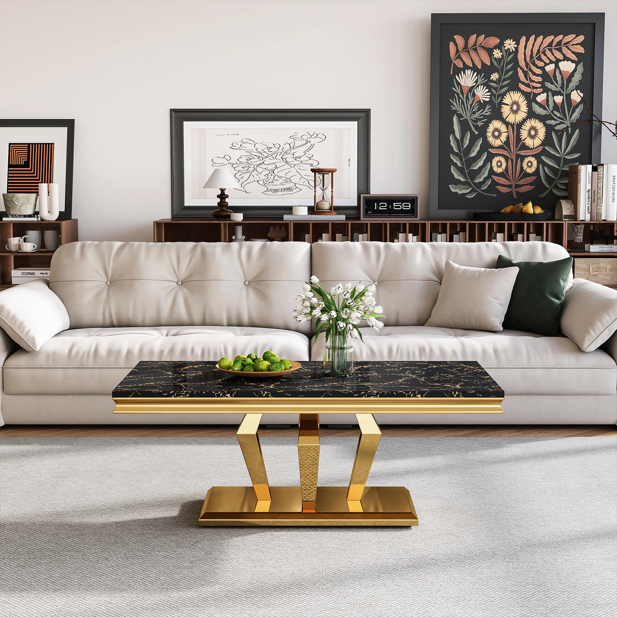 47" Faux Marble Rectangular Coffee Table with Mirrored Finish Stainless Steel Base D83830