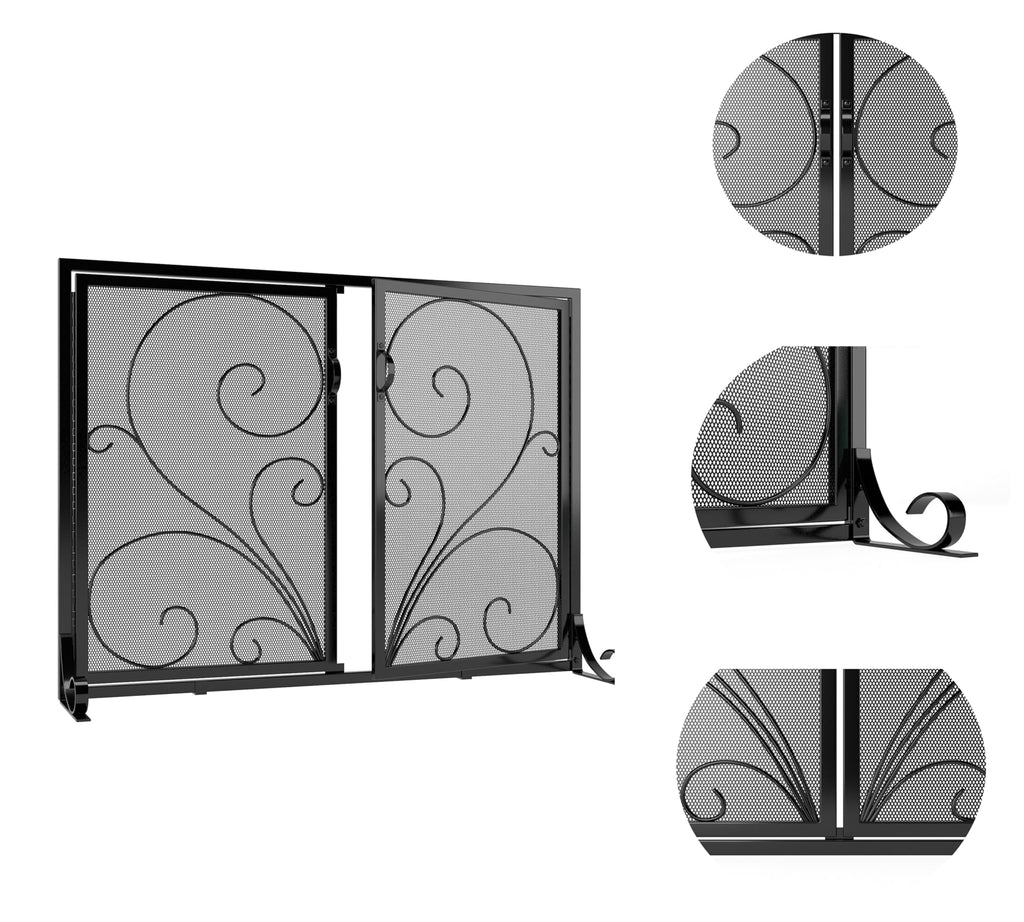 Black Metal Mesh Fireplace Screen with Double Doors I78584